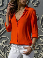 Aura | Women's Flowing Silk V-Neck Blouse - Slim Fit & Soft Elegance Orange