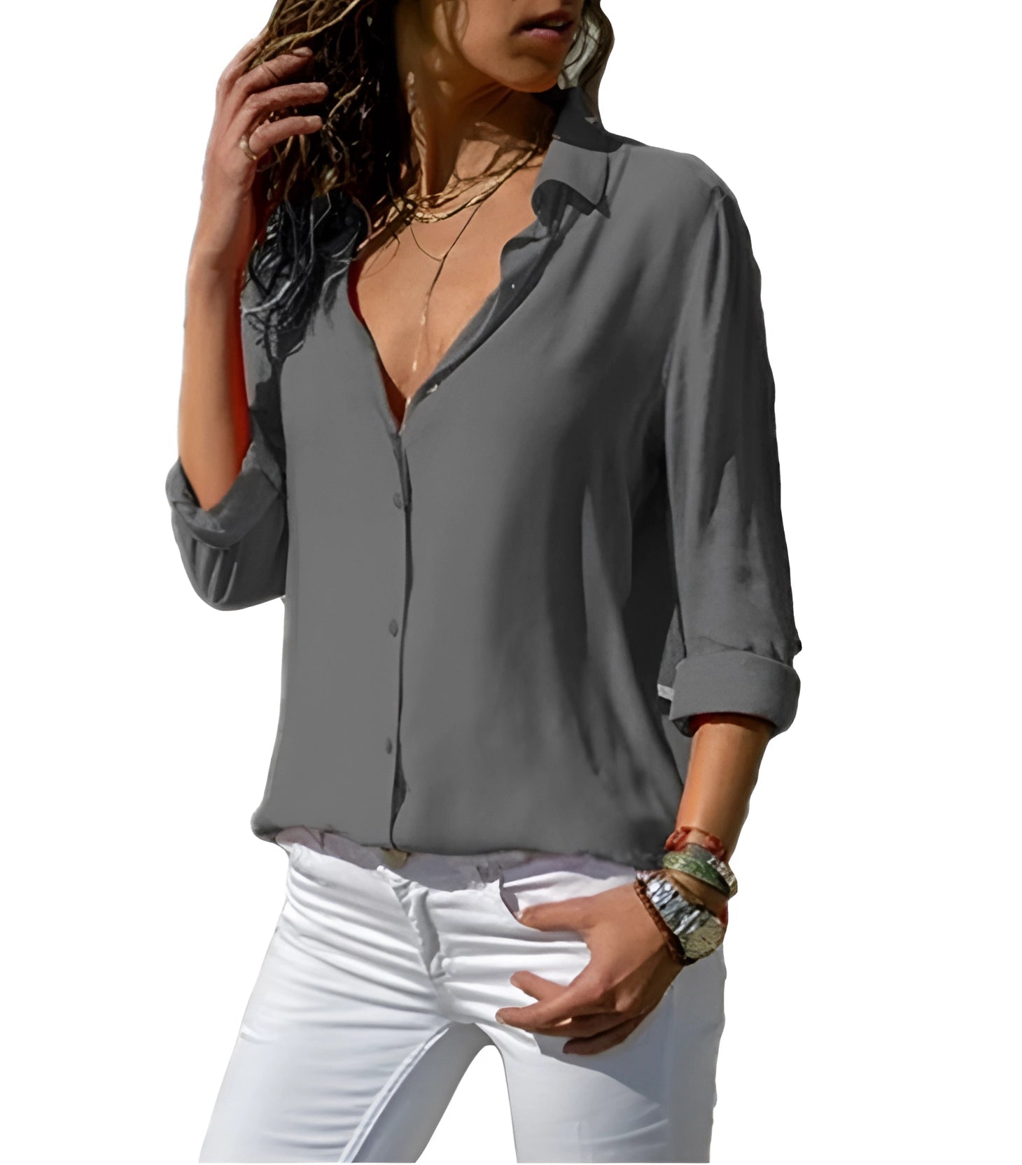 Aura | Women's Flowing Silk V-Neck Blouse - Slim Fit & Soft Elegance Grey 3XL