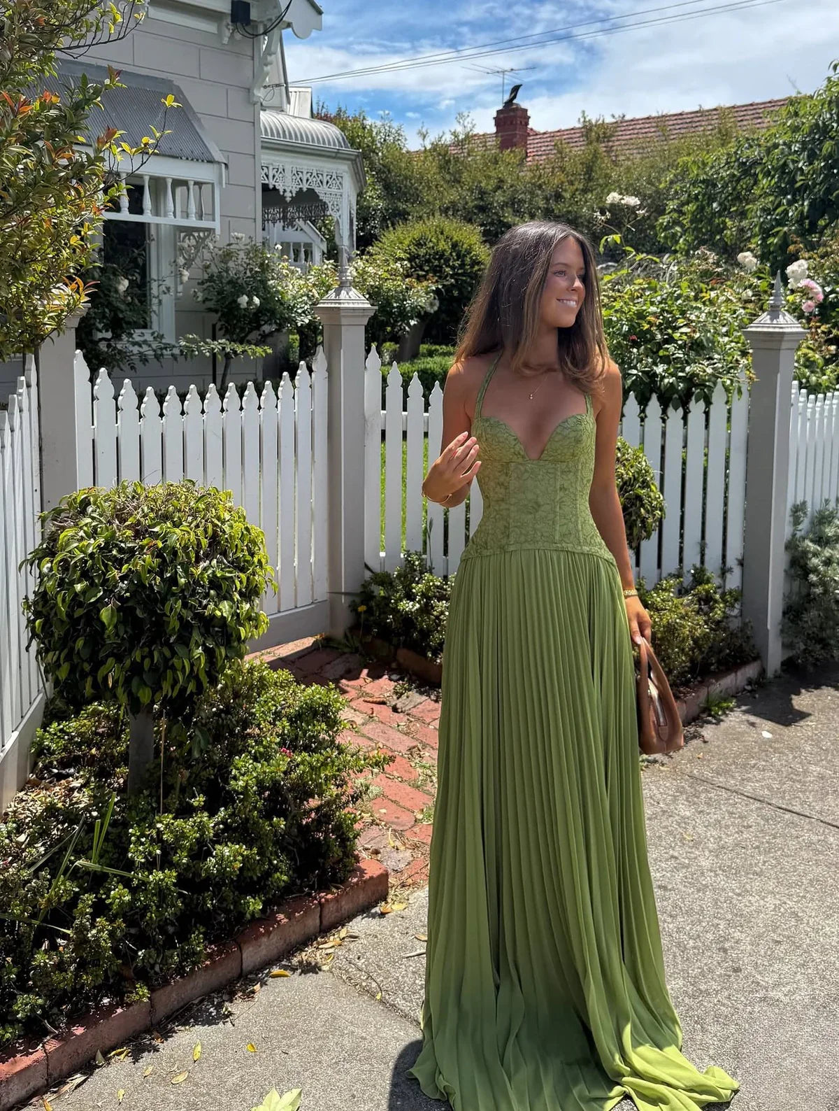 Chāme | Women's Halter Maxi Wedding Guest Dress with Pleated Skirt and Lace