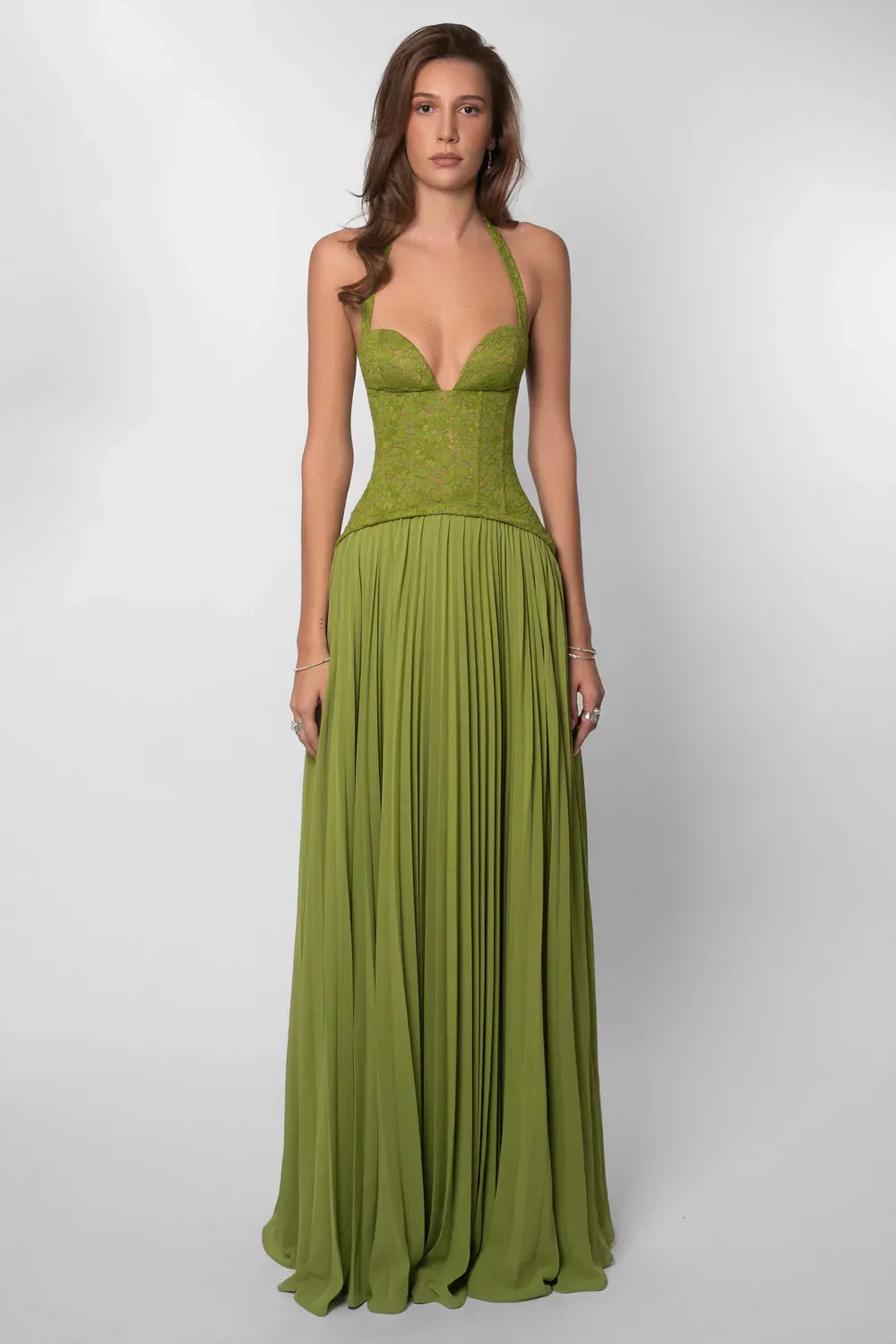 Chāme | Women's Halter Maxi Wedding Guest Dress with Pleated Skirt and Lace