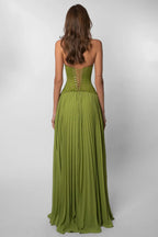 Chāme | Women's Halter Maxi Wedding Guest Dress with Pleated Skirt and Lace