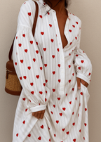 Women’s Heart Print Maxi Dress with Button Front and Long Sleeves White