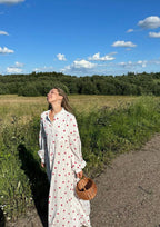 Women’s Heart Print Maxi Dress with Button Front and Long Sleeves