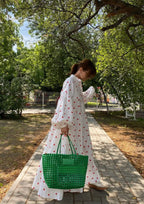 Women’s Heart Print Maxi Dress with Button Front and Long Sleeves