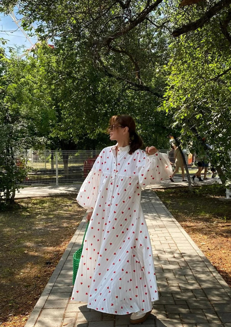 Women’s Heart Print Maxi Dress with Button Front and Long Sleeves