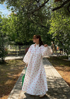Women’s Heart Print Maxi Dress with Button Front and Long Sleeves