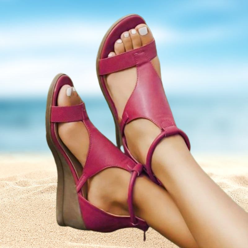 Women's Heeled Leather Sandals Summer Style Red