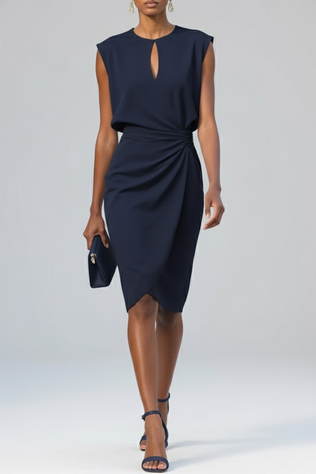 Women’s Keyhole Neck Midi Cocktail Dress – Elegant Ruched Waist Design Navy Blue