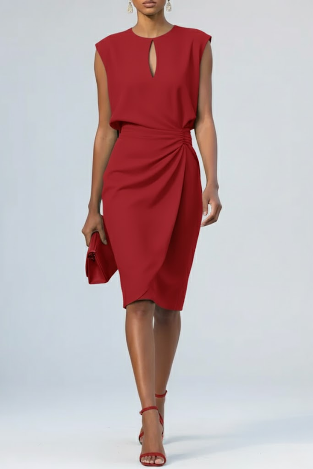 Women’s Keyhole Neck Midi Cocktail Dress – Elegant Ruched Waist Design Red