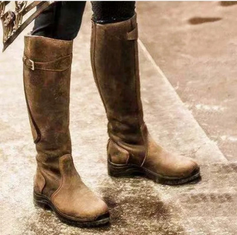 Arac | Women's Knee-High Waterproof Boots with Buckle Strap and Grip Sole Brown