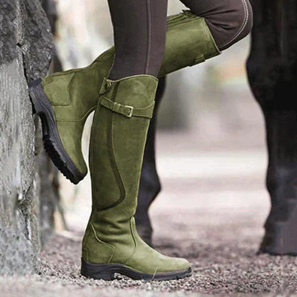 Arac | Women's Knee-High Waterproof Boots with Buckle Strap and Grip Sole Green