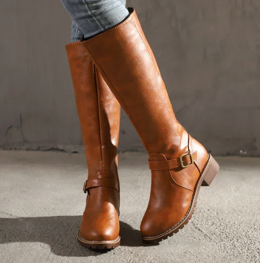 Lura | Women's Knee High Boots with Buckle Strap and Low Block Heel Brown