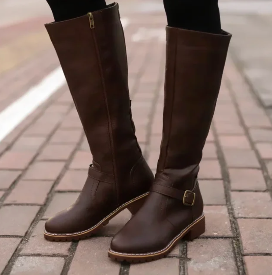 Lura | Women's Knee High Boots with Buckle Strap and Low Block Heel