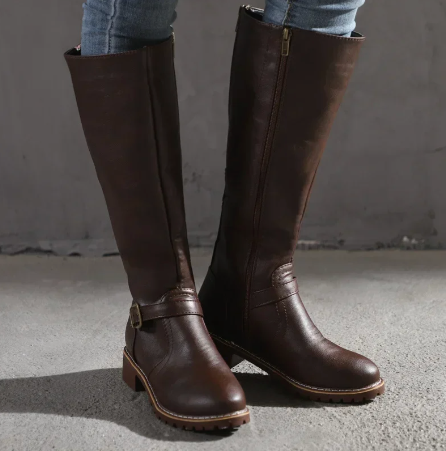 Lura | Women's Knee High Boots with Buckle Strap and Low Block Heel Dark Brown