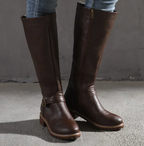Lura | Women's Knee High Boots with Buckle Strap and Low Block Heel Dark Brown
