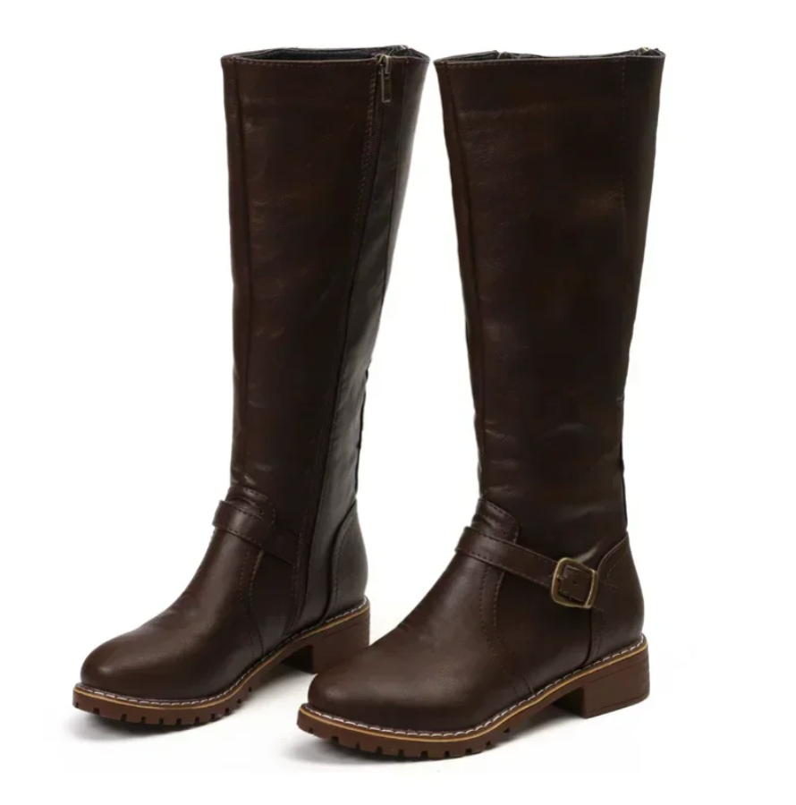 Lura | Women's Knee High Boots with Buckle Strap and Low Block Heel