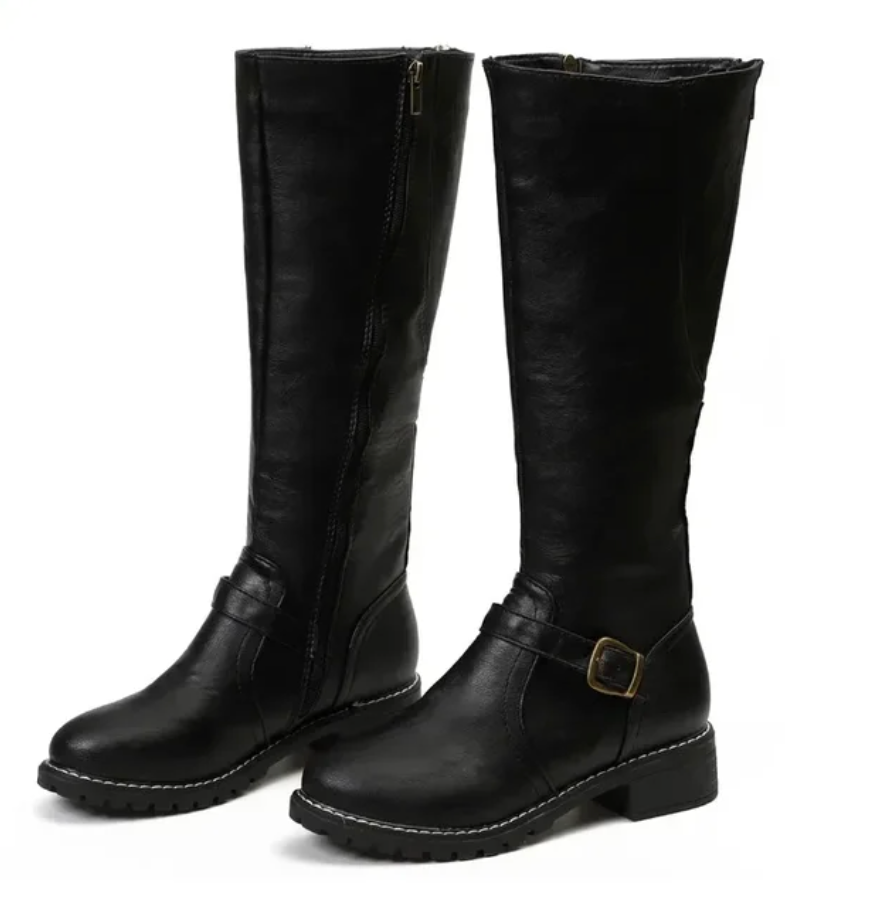 Lura | Women's Knee High Boots with Buckle Strap and Low Block Heel