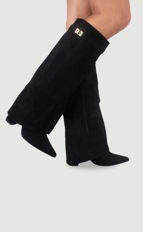 Essence | Women's Knee High Boots with Wide Flare Top and Block Heel Black Suede