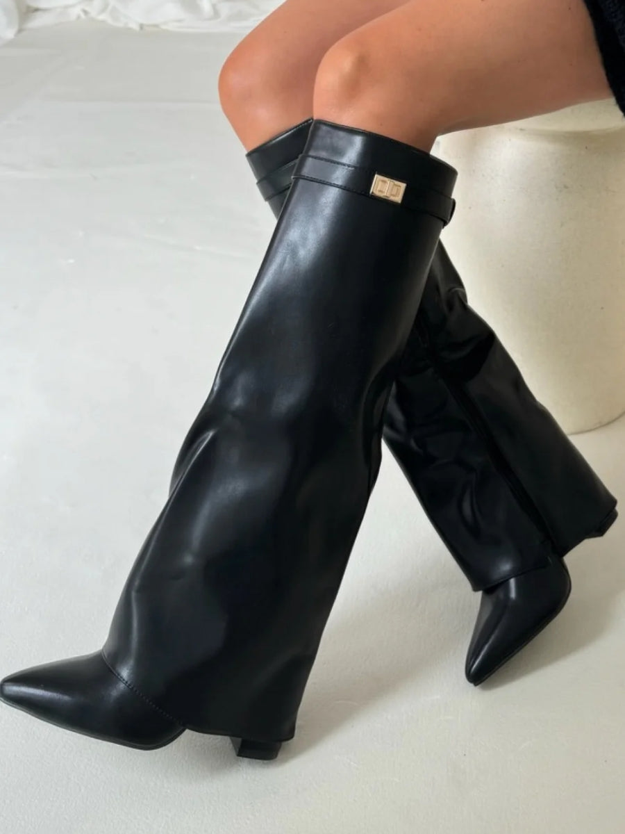Essence | Women's Knee High Boots with Wide Flare Top and Block Heel Black