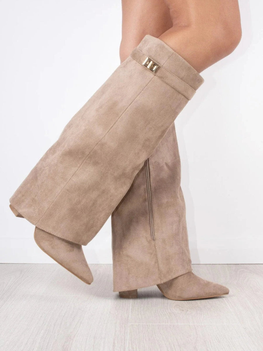Essence | Women's Knee High Boots with Wide Flare Top and Block Heel Beige Suede