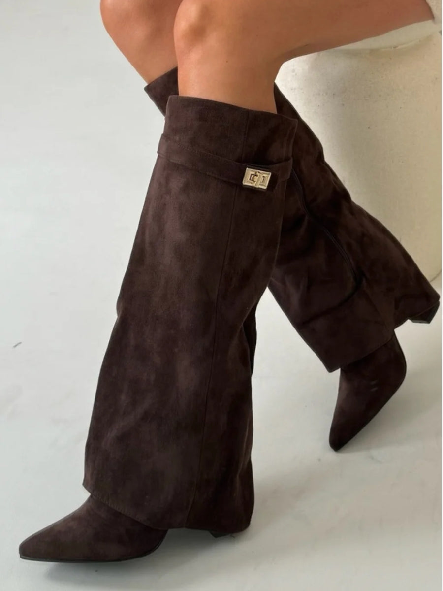 Essence | Women's Knee High Boots with Wide Flare Top and Block Heel Brown Suede