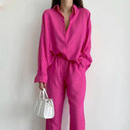 Women's Two-Piece Set: Blouse and Wide-Leg Trousers, Comfortable pink