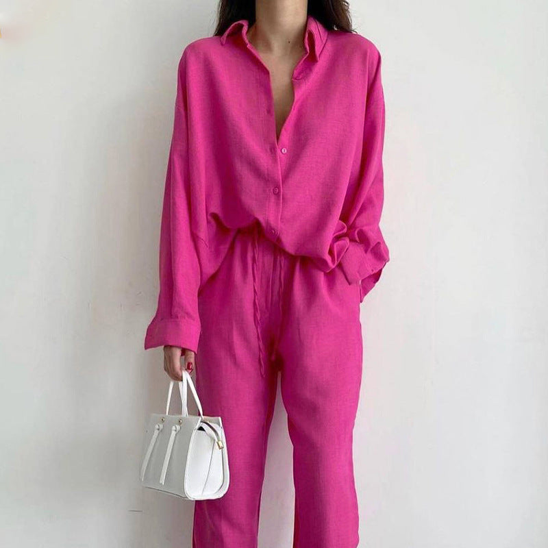 Women's Two-Piece Set: Blouse and Wide-Leg Trousers, Comfortable pink