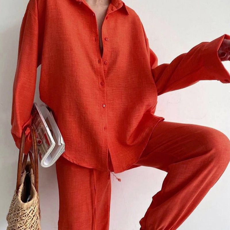 Women's Two-Piece Set: Blouse and Wide-Leg Trousers, Comfortable orange