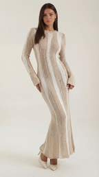 Women's Maxi Dress Knit with Bell Sleeves and Metallic Threading Khaki