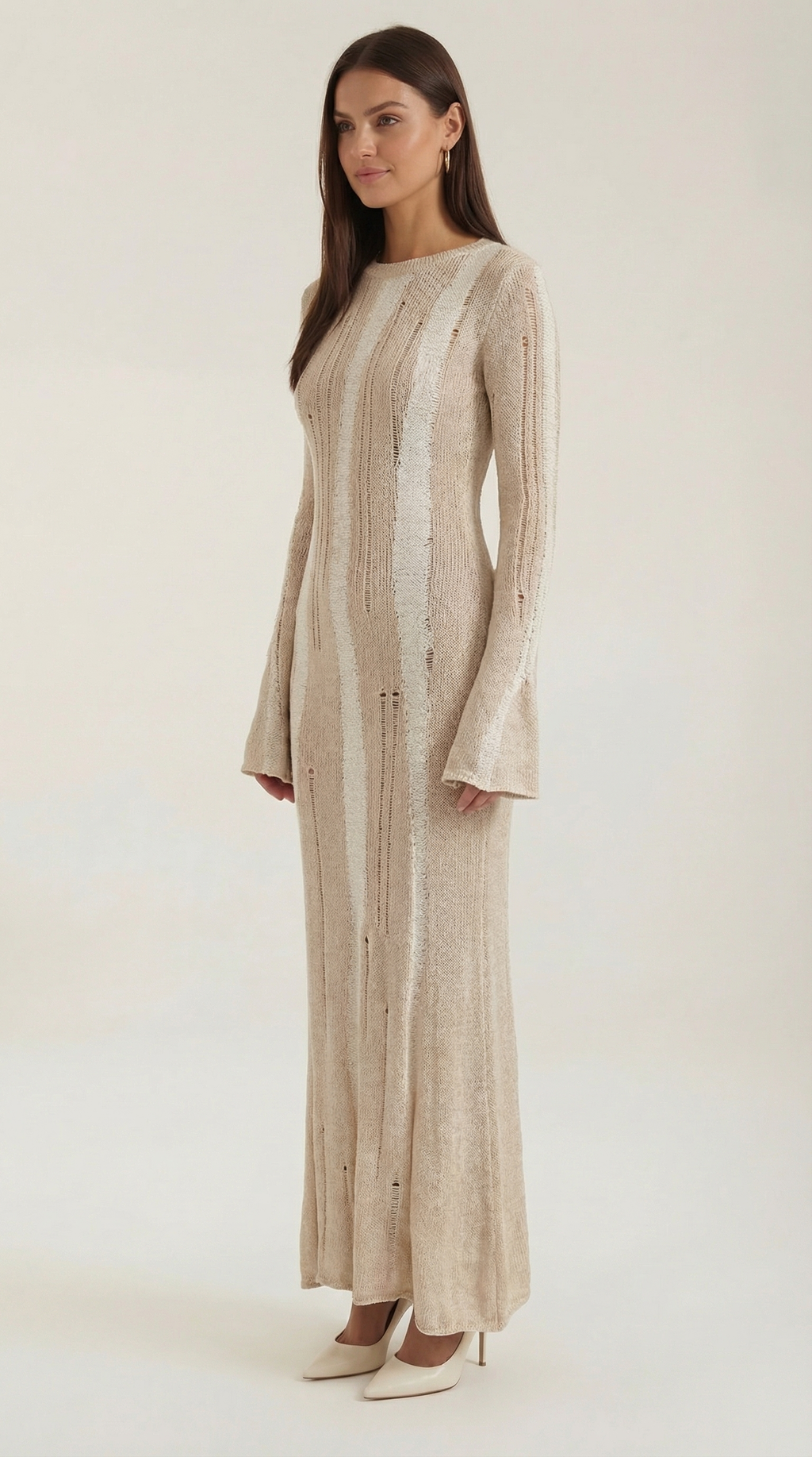 Women's Maxi Dress Knit with Bell Sleeves and Metallic Threading