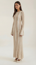 Women's Maxi Dress Knit with Bell Sleeves and Metallic Threading