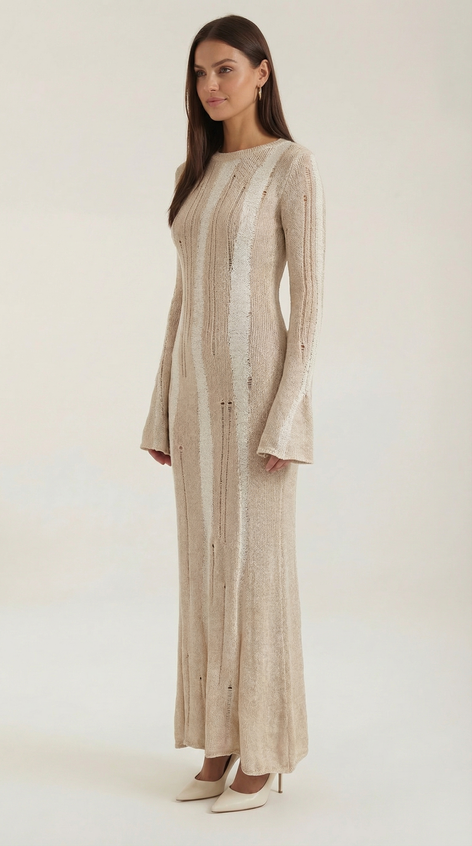 Women's Maxi Dress Knit with Bell Sleeves and Metallic Threading