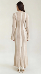 Women's Maxi Dress Knit with Bell Sleeves and Metallic Threading