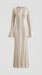 Women's Maxi Dress Knit with Bell Sleeves and Metallic Threading