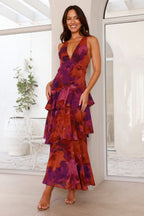Women’s Maxi Dress with Deep V-Neck and Tiered Ruffles Red