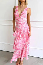 Women’s Maxi Dress with Deep V-Neck and Tiered Ruffles Pink
