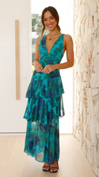 Women’s Maxi Dress with Deep V-Neck and Tiered Ruffles