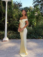 Women’s Off-Shoulder Maxi Dress with Open Back and Floor-Length Hem Yellow