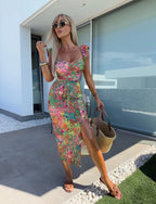 Women’s Printed Sweetheart Midi Dress with Ruffle Straps and Side Slit Green