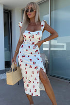 Women’s Printed Sweetheart Midi Dress with Ruffle Straps and Side Slit White