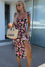 Women’s Printed Sweetheart Midi Dress with Ruffle Straps and Side Slit Black