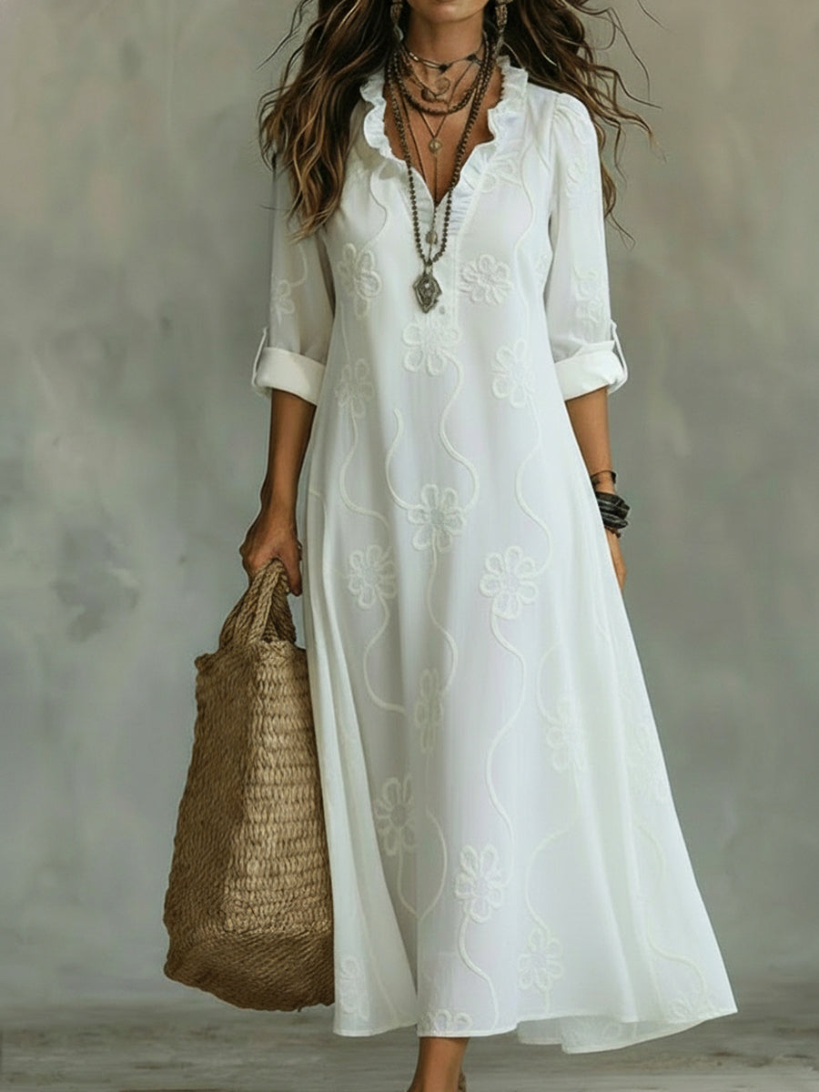 Sephira | Women's Retro Shift Dress - Ruffle Collar & Sleek Fit White
