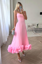 Women’s Scoop Neck Midi Dress with Spaghetti Straps and Ruffle Hem Pink