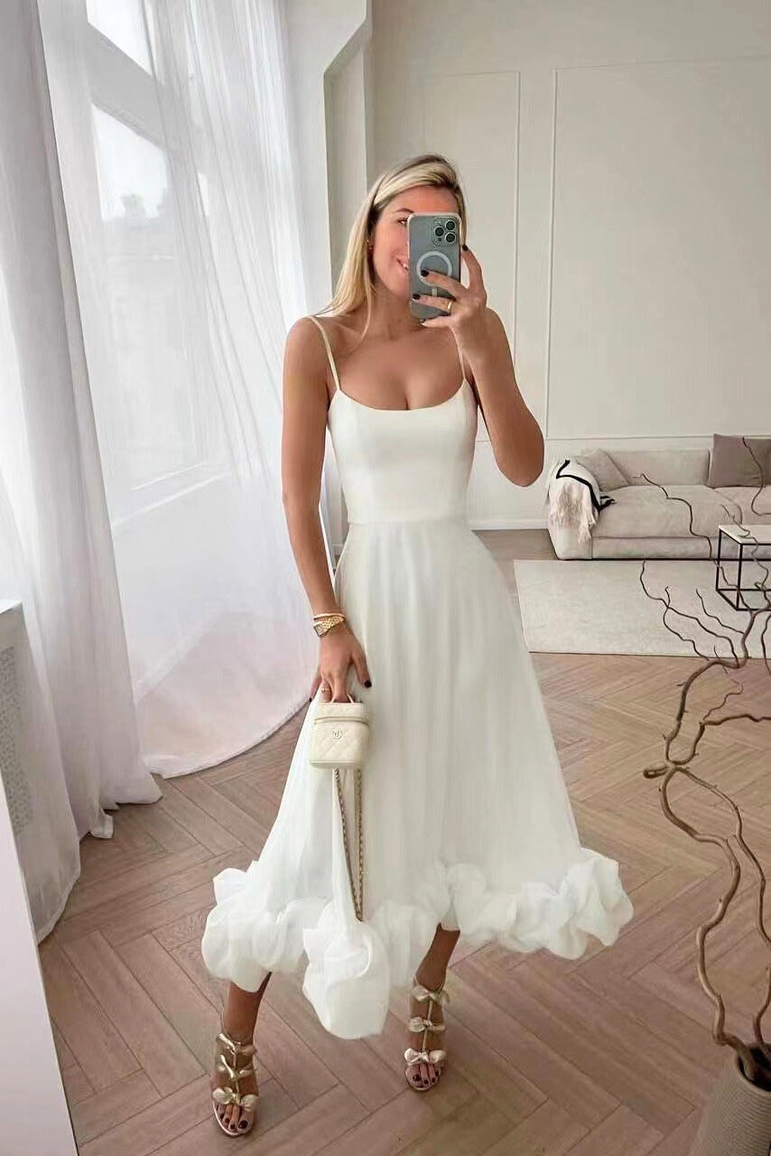 Women’s Scoop Neck Midi Dress with Spaghetti Straps and Ruffle Hem White