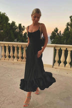 Women’s Scoop Neck Midi Dress with Spaghetti Straps and Ruffle Hem Black