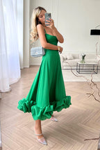 Women’s Scoop Neck Midi Dress with Spaghetti Straps and Ruffle Hem Green