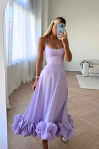 Women’s Scoop Neck Midi Dress with Spaghetti Straps and Ruffle Hem Purple