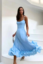 Women’s Scoop Neck Midi Dress with Spaghetti Straps and Ruffle Hem Blue