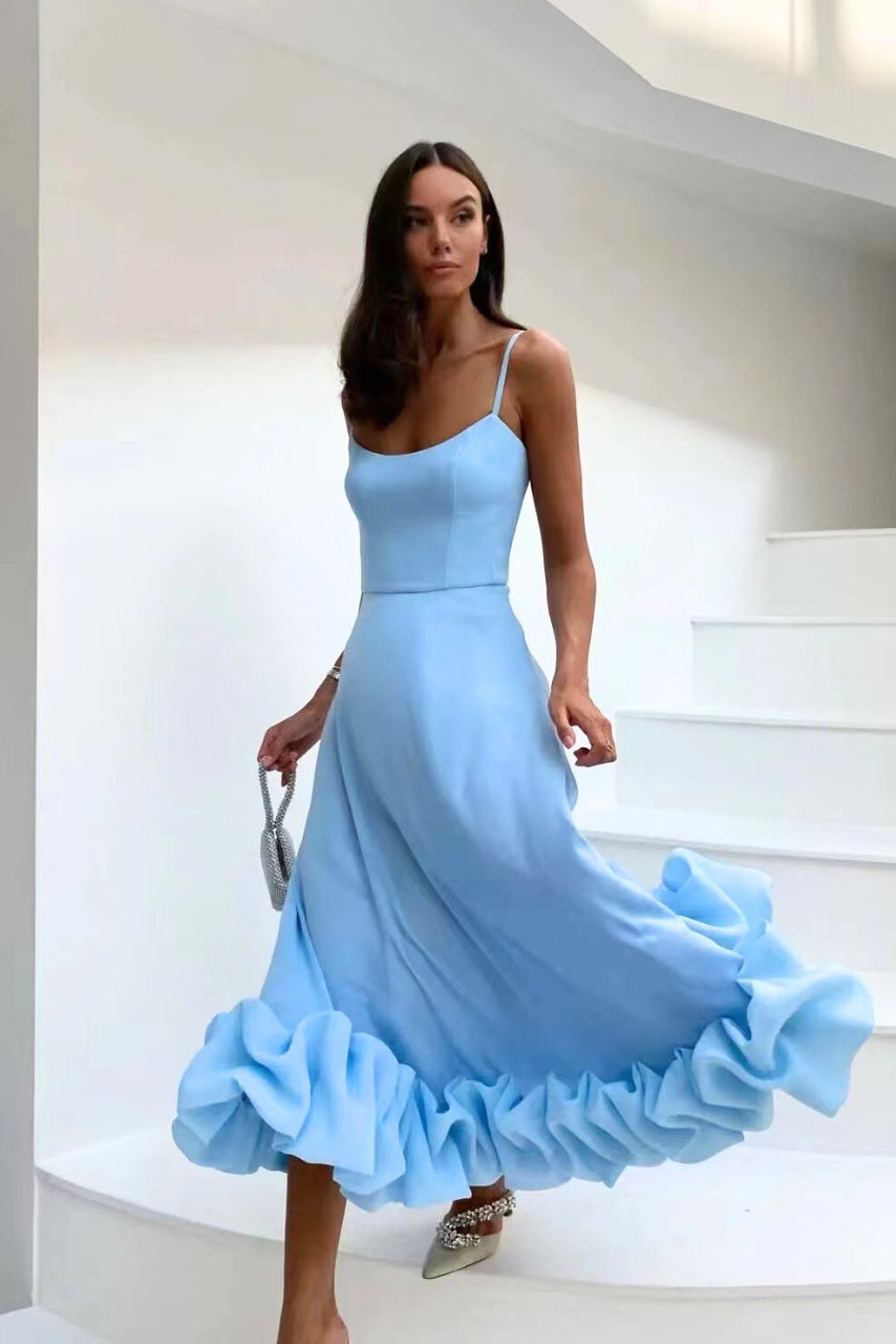Women’s Scoop Neck Midi Dress with Spaghetti Straps and Ruffle Hem Blue
