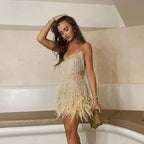 Pamelo | Women’s Sequin Fringe Mini Dress with Feather Hem and Spaghetti Straps Gold